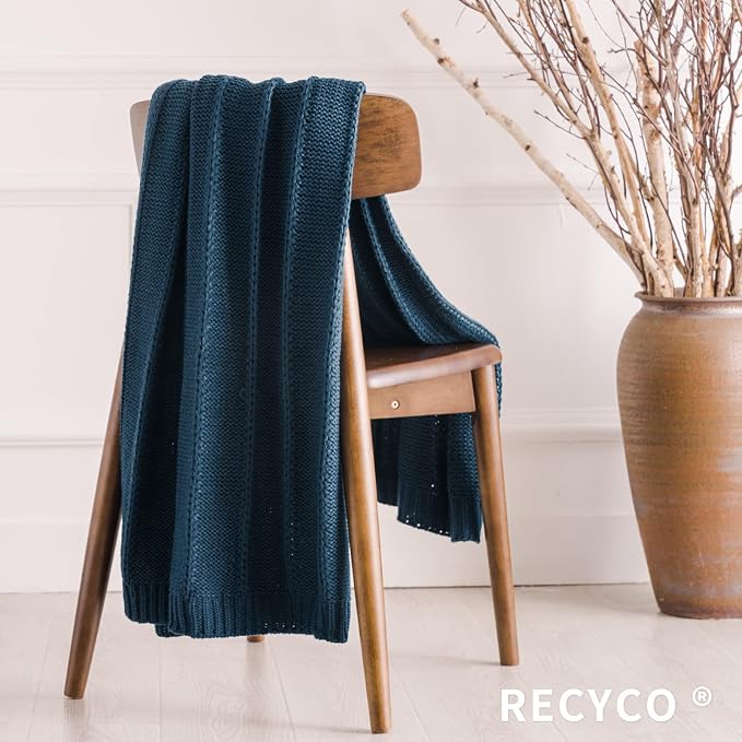 RECYCO Cable Knit Throw Blanket, Navy Blue, 60"x80" | 3.6LB, Soft Lightweight Warmth Layer, Breathable All Season Use, Decorative Home Accent, for Couch, Bed, Sofa