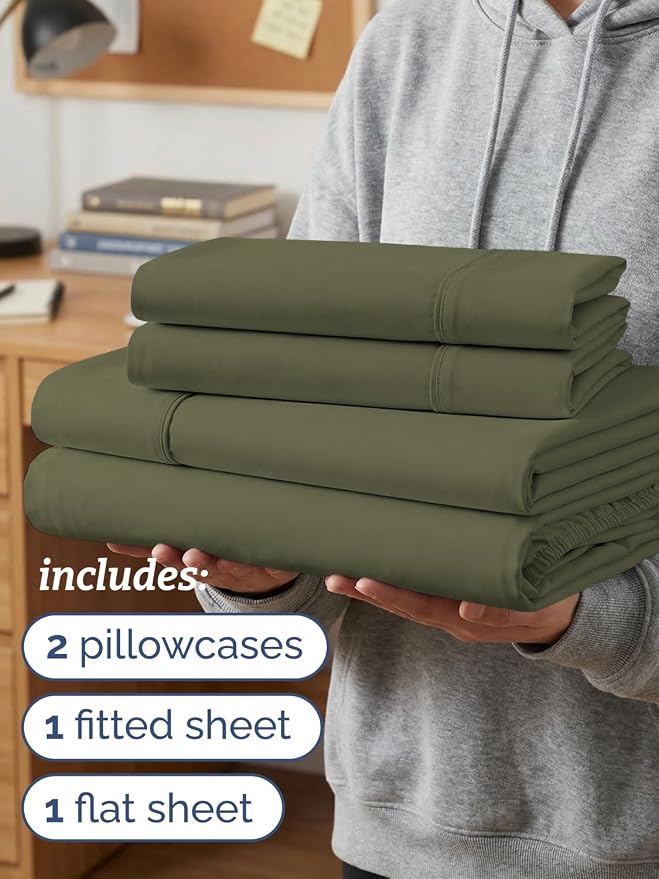 Twin XL 4 Piece Sheet Set - College Dorm Room Essentials - Sage Green | Ultra Soft Dorm Bedding Set, 8" to 16" Inch Deep Pockets, 1 Flat & 1 Fitted Sheet & 2 Pillowcases, Wrinkle & Fade Free