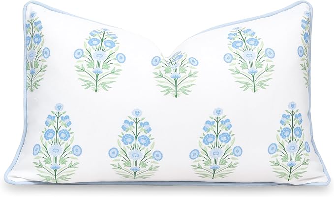 Hofdeco Premium Coastal Patio Indoor Outdoor Lumbar Pillow Cover Only, 12"x20" Water Repellent for Backyard, Couch, Baby Blue Green Floral with Piping