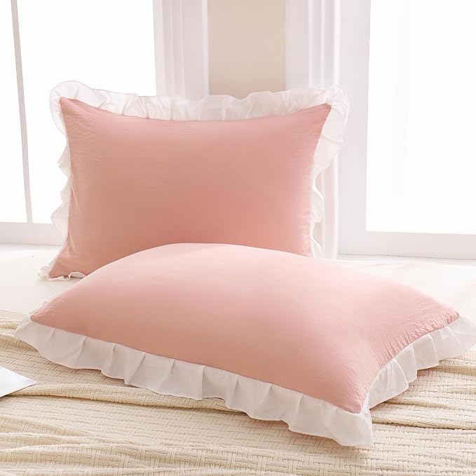 Merryword Pink Pillow Shams Pink and White Reversible Queen Pillowcases Cute Pillow Cover Set of 2 Soft Shabby Chic Ruffled Pillowcases 2 Pack (Queen (20''x30''), Pink White)