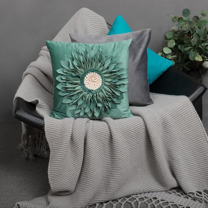 OiseauVoler Handmade 3D Sunflower Throw Pillow Covers 18x18 Inch Green | Decorative Pillowcases For Couch Farmhouse Living Room Decor High End Unique Easy Care Machine Washable Dog Hair Resistant