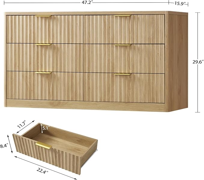 Fluted 6 Drawer Dresser for Bedroom, Wide Modern Chest of Drawers with Metal Handle, Curved Profile Design, Wood Closet Clothes Storage Organizer for Bedroom, Hallway, Natural