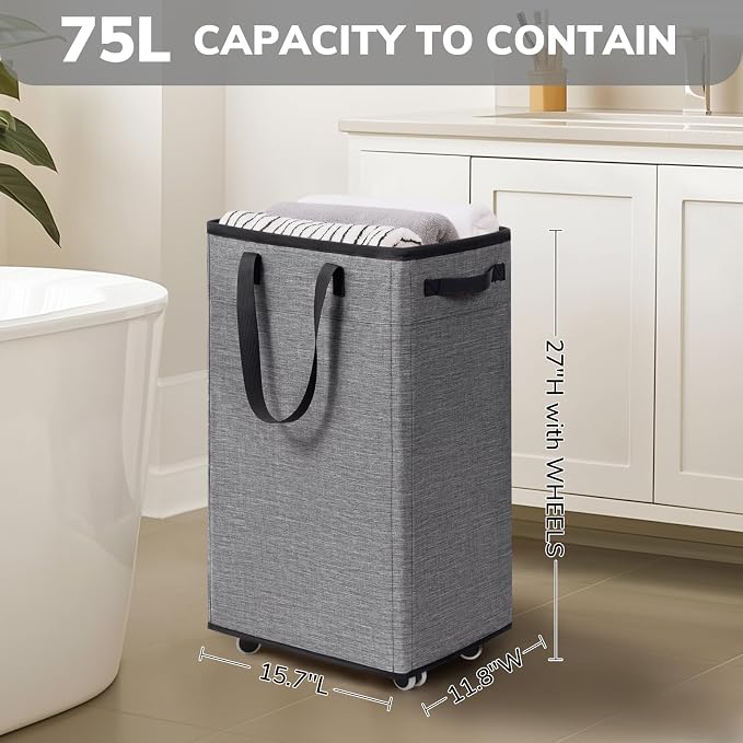 Goodpick 75L Laundry Basket with Wheels & Removable Wash Bag for Dorm | Rolling Laundry Hamper with Handle for Dirty Clothes, Fodable Hamper for College Dorm, Laundry Hamper on Wheels, Light Grey