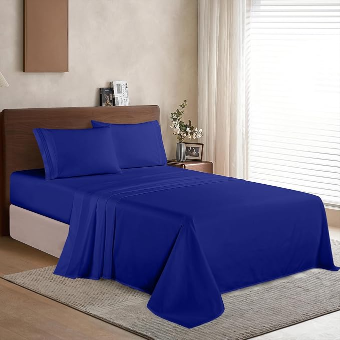 Elegant Comfort Luxury 1500 Premium Hotel Quality Microfiber 4-Piece Sheet Set - Wrinkle Resistant, All Around Elastic Fitted Sheet, Deep Pocket up to 16", California King, Royal Blue