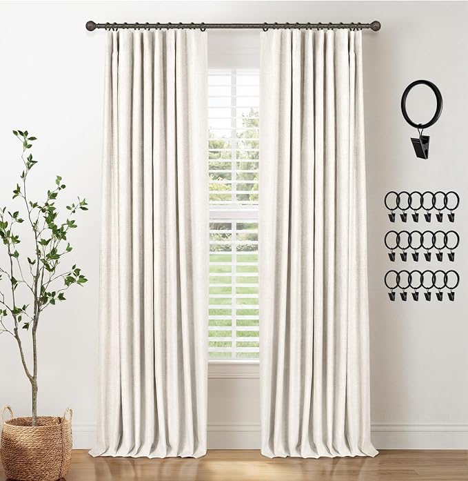 INOVADAY 100% Blackout Curtains for Bedroom Black Out Curtain 120 Inch Long | Beige Curtains for Living Room 2 Panels, Clip Rings Linen Look Blackout Drapes, Thermal Insulated Room Darkening,W50xL120