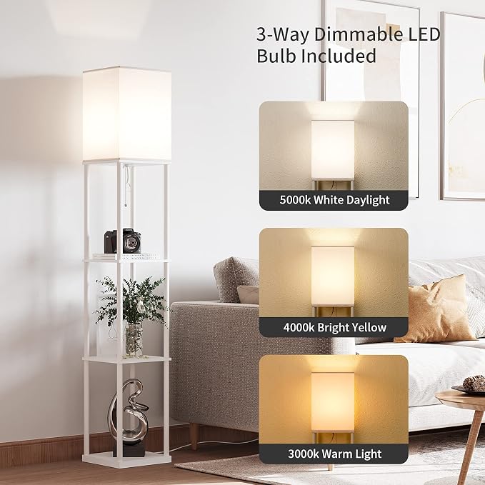 SUNMORY Floor Lamp with Shelves, Standing Lamps for Living Room, White | 3 CCT LED Bulb Include, 4-Tier Display Bookshelf, 63" Tall Corner Shelf Lamp, Modern Style for Bedroom, Office, Home Decor