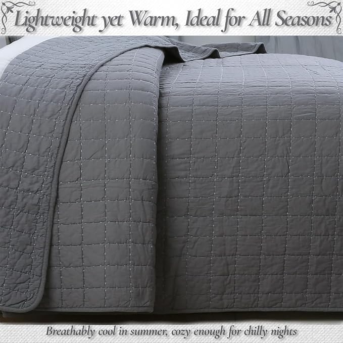 Cozy Line Home Fashions 100% Cotton Quilt Set – 3-Piece Charcoal Gray Solid Classic Modern Geometric Quilted Bedspread with Shams, Lightweight All Season Modern Bedding (Box Gray, Queen)