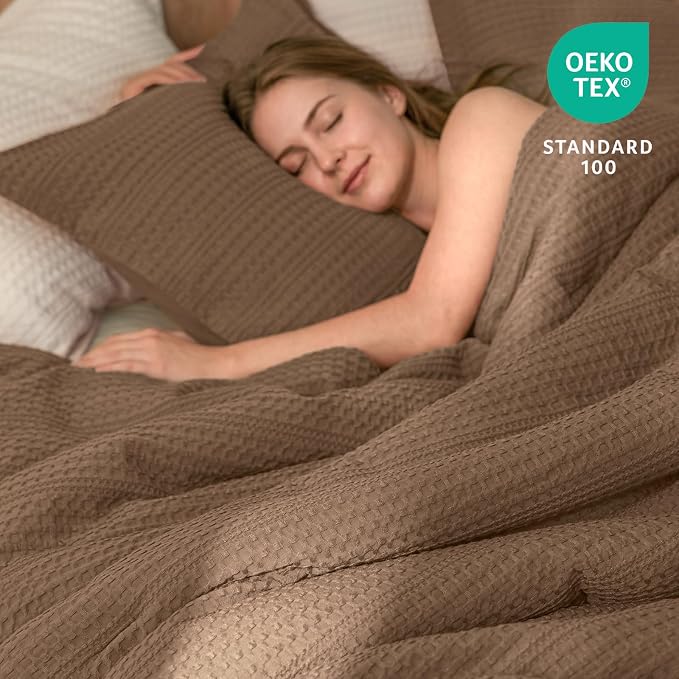 PHF Soft Waffle Duvet Cover King Size- Durable Breathable Waffle Weave Duvet Cover(104"x90") with 2 Pillow Shams, 3 Pieces Luxury Textured Bedding Set for All Season, Mocha