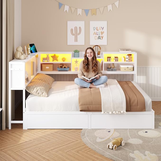 DICTAC Full Corner Bed Frame with 2 Storage Drawers and Bookcase Headboard,Full Size Metal Platform Bed Frame with Charging Station and Led Lights,Modern Full Daybed for Kids,Teen and Guests,White