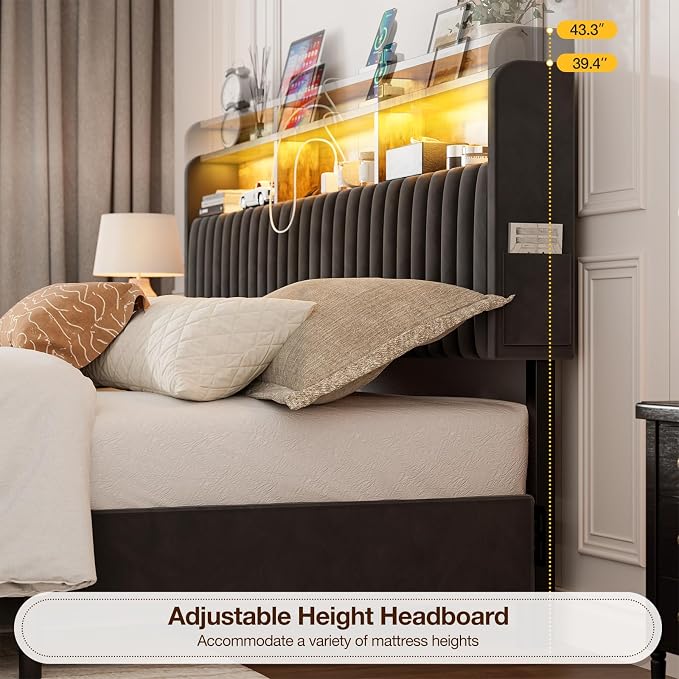 IKIFLY Velvet King Size Storage Headboard Only, Adjustable Height, Black | Upholstered Head Board with LED Lights & Charging Station, Easy Assembly, Modern Freestanding Headboard, Attach Frame