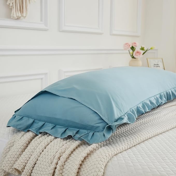 Dusty Blue Body Pillow Cover 20x54inches Long Pillowcase Ruffled Fringe Decor Sham Cute Pillowcase (1 Body)