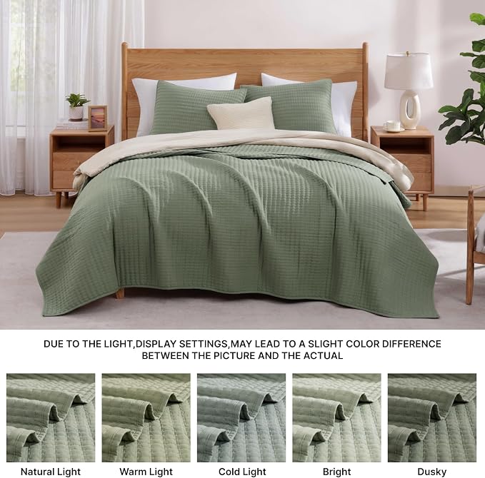 Queen Quilt-Lightweight Bedspreads Sage Green Queen Size Quilt Bedding Set | Soft Coverlet with 2 Pillow Shams for All Seasons, Suitable for Bed, Couch, 3 Pieces, 90"x94"