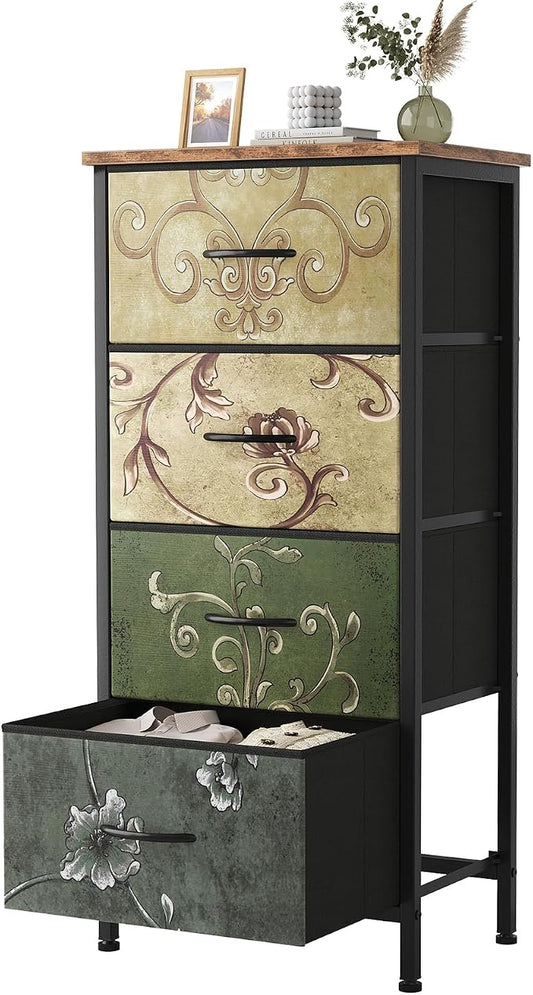Sweetcrispy Dresser for Bedroom, 4 Drawer Storage Cabinet, Tall Nightstand | Small Fabric Dresser for Closet, Chest of Drawers, Closet Organizer, Home Furniture, Sturdy Frame, Floral Pattern