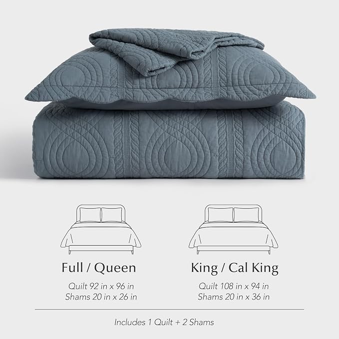 100% Cotton Scallop Quilt Set, King Size, Stormy Blue | Scalloped Border, Timeless Chic Aesthetic, All-Season Comfort, Perfect French Country Bedroom Decor, 3 Piece Set with 2 Shams