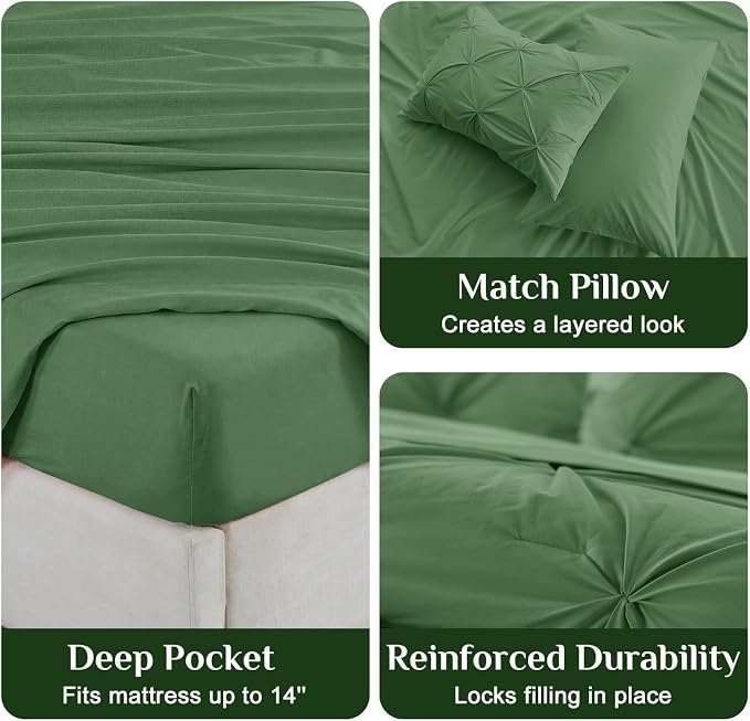 JOLLYVOGUE Twin Comforter Set 5 Pieces - Bed in a Bag Twin for All Season, Pintuck Bedding Comforter Sets with Comforter, Flat Sheet, Fitted Sheet and Pillowcases & Shams, Green
