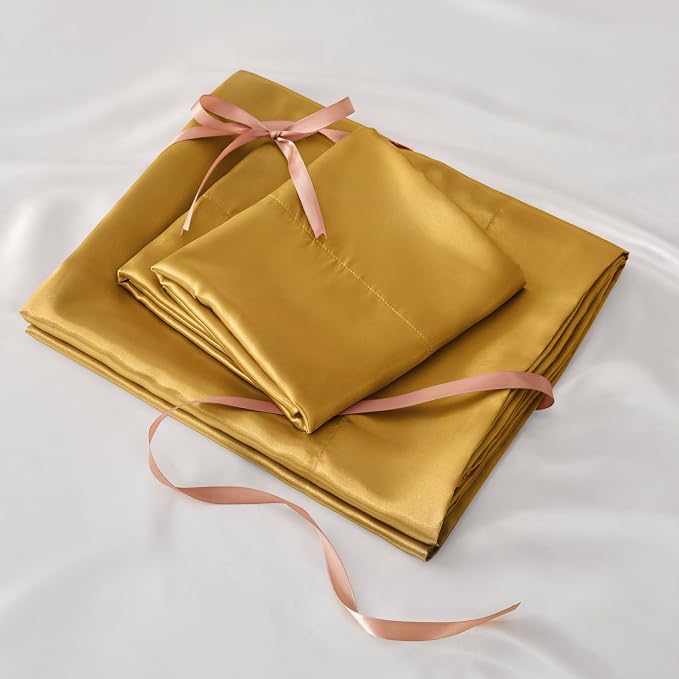 BEDELITE Satin Sheets California King Size Bed Set, Gold, 4 Pieces | Luxury Silky Bed Sheets, 15 Inch Deep Pocket, Similar to Silk, Soft and Cooling, Reduces Friction, Gentle on Hair and Skin
