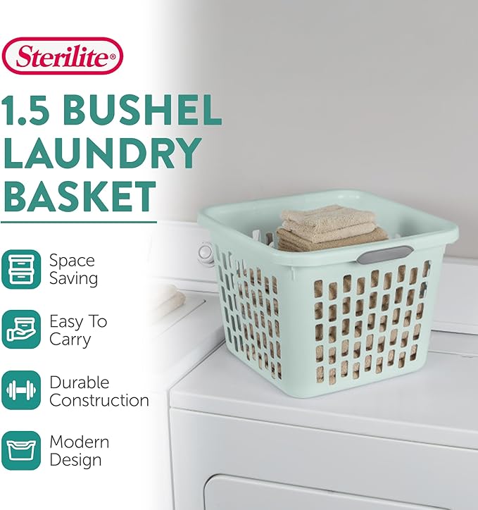 Sterilite Laundry Basket, Plastic Clothes Hamper, Large Square Bin with Comfort Grip Handles and Reinforced Rim, 1.5 Bushel Capacity, Mint, 12 Pack