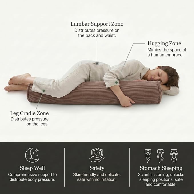 Corduroy Body Pillow for Side Sleepers, Full Body Support Cylinder Bolster Pillow for Adults, Cozy Hugging Pillow for Relaxing Sleep, 59 x 7.87 Inches, Chocolate