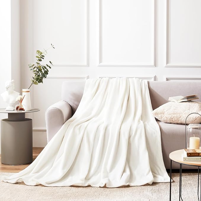 Hansleep Throw White Fleece Blanket, Soft Flannel Bed Blanket | Fuzzy Cozy Blanket 50x60 Inches, Multi-use for Bed, Sofa, Couch, Travel, Camping, All Season Warm Lightweight Cover