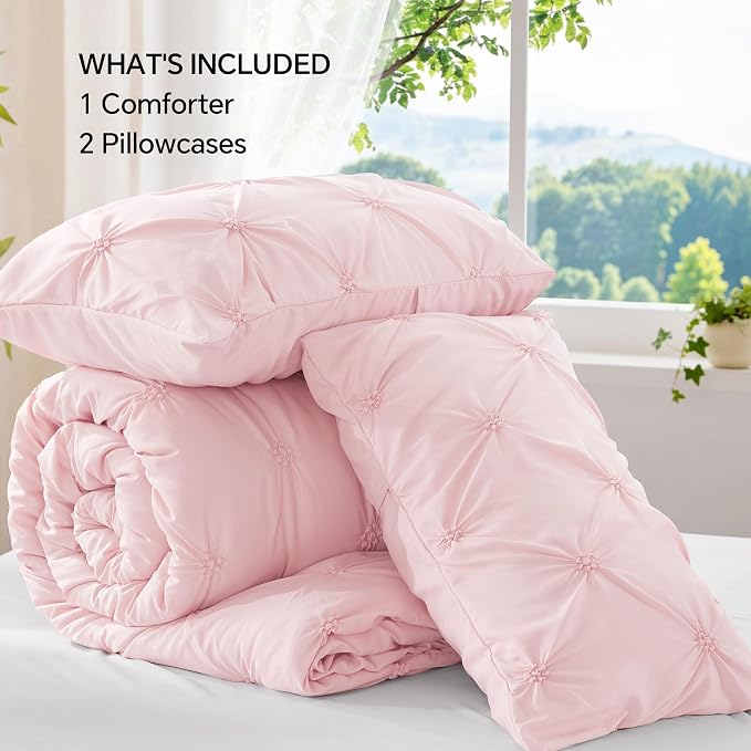 BEDELITE Full Comforter Set Baby Pink,Lightweight & Soft Comforter | Pintuck Boho Bedding, Warm & Cute Bed Set for All Season,With 2 Pillowcases
