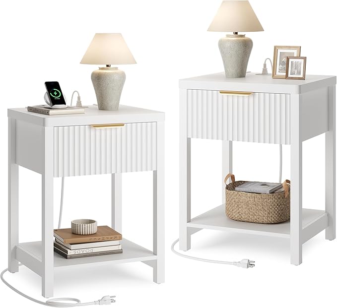 Night Stand Set 2, Fluted Wood Nightstands w/Charging Station for Bedroom | White, Storage Drawer, Open Shelf, Metal Silent Rails, Round Corners, Modern Fluted Panel, Living Room, Bedside Table