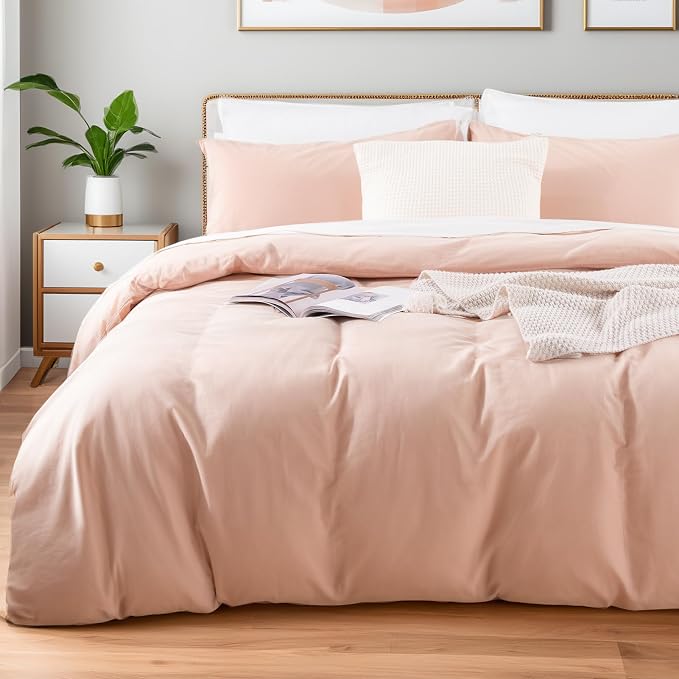 NEXHOME PRO Duvet Cover Set Twin Size Linen Feel Textured Organic Natural 100% Washed Cotton Duvet Cover 2 Pieces Bedding Set with Zipper Closure, Breathable, Dusty Pink(No Comforter)