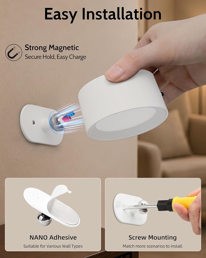 LED Wall Mounted Lights, Rechargeable Wall Sconces, 3 Color Temps, Remote & Touch, 360° Rotating and Dimmable for Bedroom, Bedside & Reading (White, 2 Pack)