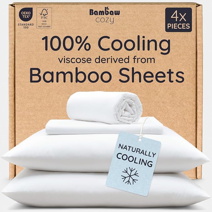 Bambaw Twin Sheet Set – 4-Piece Set of 100% Viscose Derived from Bamboo Cooling Sheets Twin, Silky Soft, Breathable & Lightweight, Keeps You Cool & Dry Overnight (White)