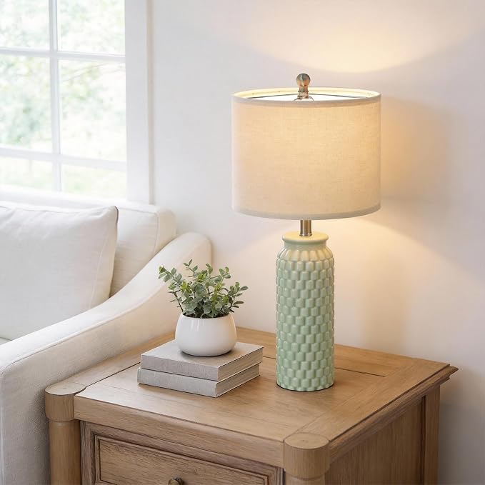USumkky 27" Ceramic Table Lamps Set of 2 - Modern Farmhouse & Boho Style, Bedside Nightstand Lamps for Bedroom, Living Room End Table Lamps, Small Desk Lamp(Green)