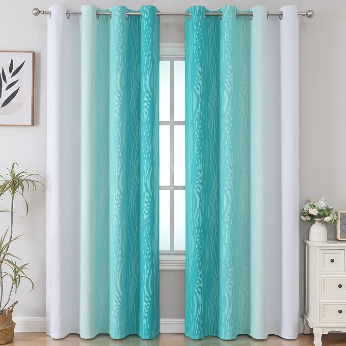 Teal and Grayish White Ombre Blackout Curtains Living Room 102 Inches Long | Estelar Textiler Room Darkening Curtains for Bedroom,Thermal Insulated,Energy Saving Grommet Window Drapes,52Wx102L,2 Panels