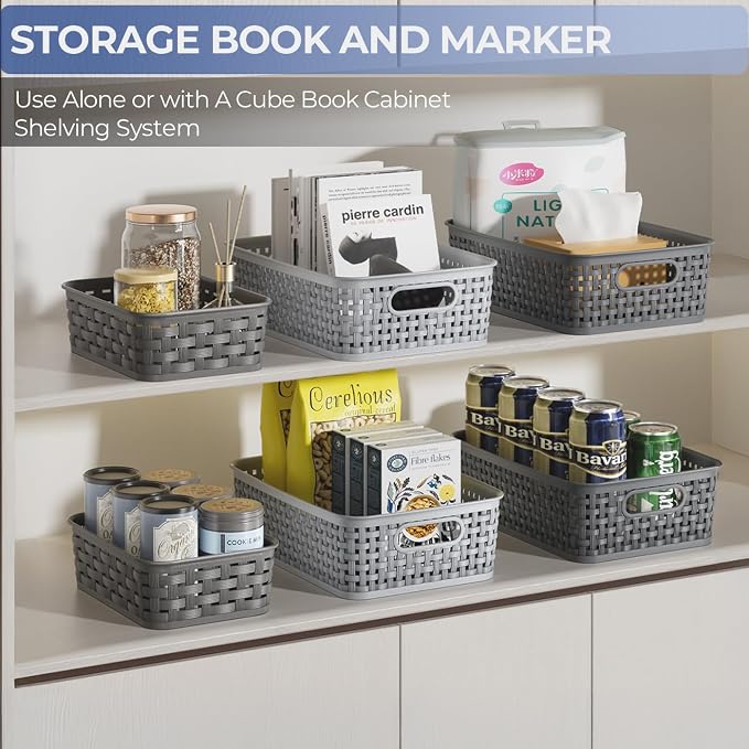 FUCDTEFC Black Plastic Basket, 8 Pack Home Organization and Storage Baskets with Handles, Space Saving Woven Organizer Bins Plastic Storage Basket for Organizing Cabinets,Closets, Shelves, Countertops | Space Saving, Woven Organizer, Plastic Bins, Stor...