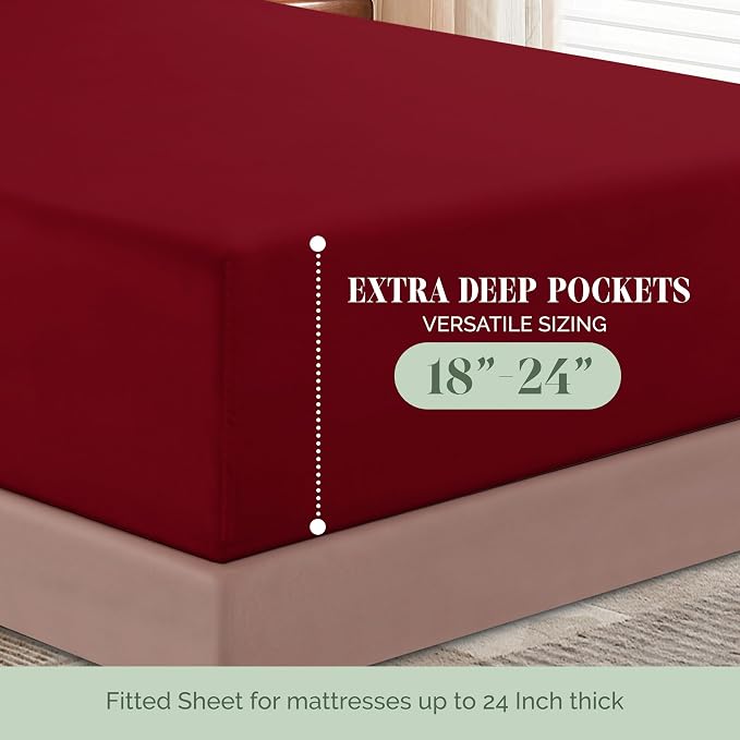 Elegant Comfort Luxurious 1500 Premium Hotel Quality Microfiber 4-Piece Sheet Set, 18-24 Inches Deep - Extra Deep Pocket Sheets - Ultra Soft 4PC Deep Pocket Sheets, Queen, Burgundy