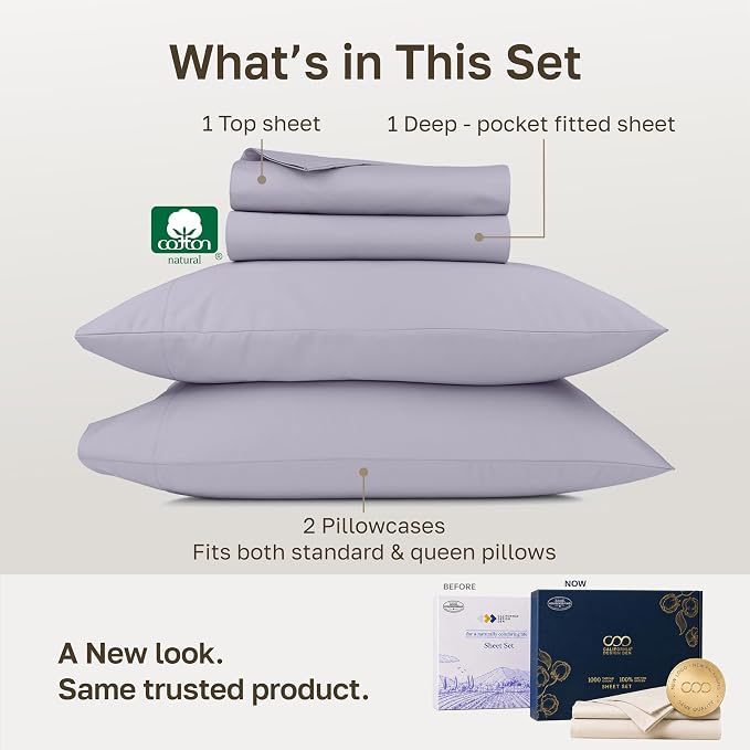 California Design Den Luxury 1000 Thread Count Queen Size Bedsheets Set | Backed by Good Housekeeping Seal - 100% Cotton Sateen - Soft, Thick & Heavy, 16" Deep Pocket, Durable - Lavender Grey