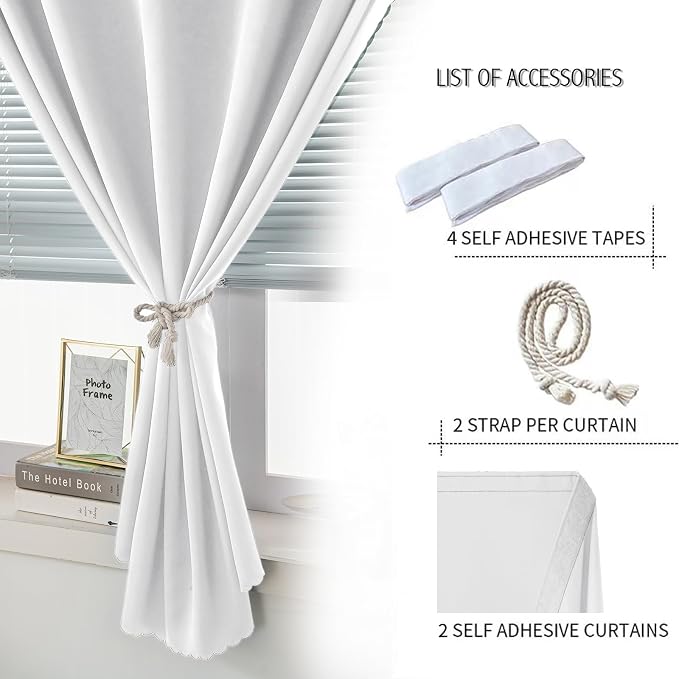 self Adhesive Curtains Portable Blackout Curtain Simple and Easy to Install Bedroom Window Thermal Lnsulated Kitchen Room Darkening Black Small Drapes, 47" W X 59" L, White, 2 Panels
