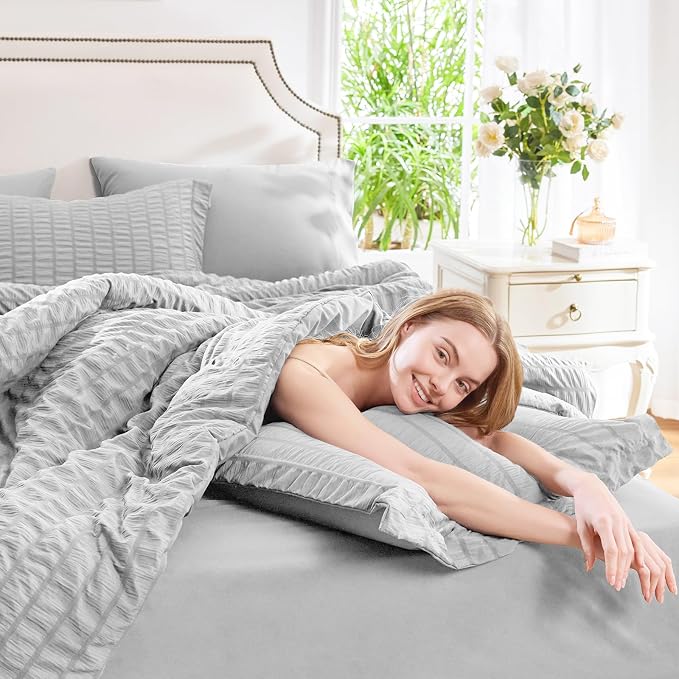Oversized Queen Seersucker Comforter Set, Light Grey, 98 x 98 in | OEKO-TEX Certified, 7 Pieces Bed in a Bag with 240 GSM Down Alternative Comforter, Flat & Fitted Sheets, Pillowcases & Shams