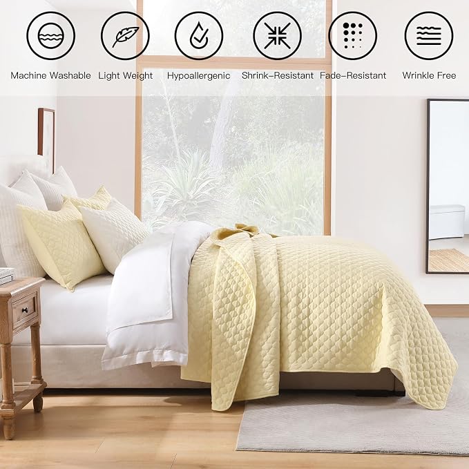 HORIMOTE HOME Quilt King Size Light Yellow, Lightweight Quilt for Summer, Ultra-Soft Microfiber Modern Style Quilted Clouds Pattern Bedspread Quit Set 3 Pieces(1 Quilt and 2 Pillow Shams)