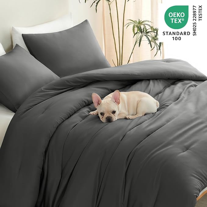 King Comforter Set, 3 Pieces Down Alternative Bedding, Dark Grey | 270 GSM All Season Comforter with 4 Corner Ties for Use as a Duvet Insert, OEKO-TEX Certified, 2 Pillowcases, 102 x 90 in