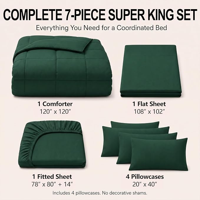 Super King Comforter Set Emerald Green - 7 Pieces Bed in a Bag | OEKO-TEX Certified, All-Season, Bedroom, Guest Room, Down-Alternative Comforter + Flat & Fitted Sheets + 4 Pillowcases