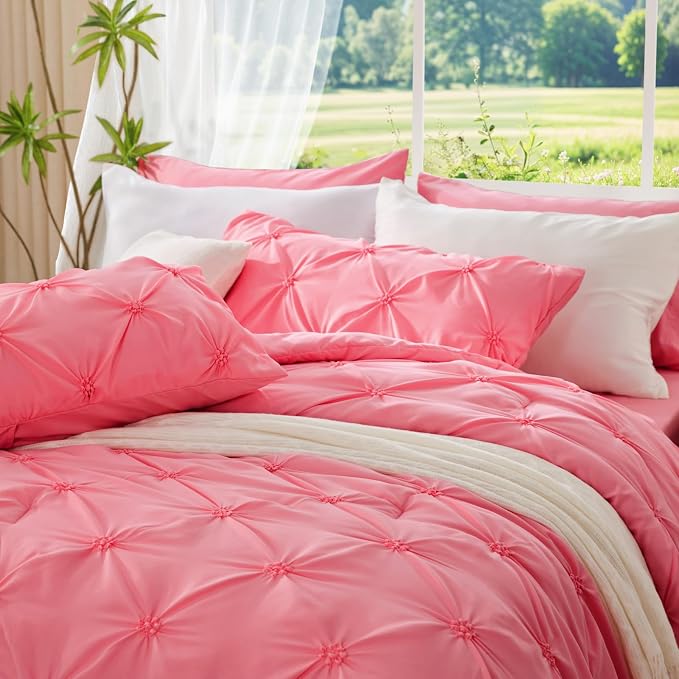 BEDELITE Twin Comforter Set Strawberry Pink,Lightweight & Soft Comforter | Pintuck Boho Bedding, Warm & Cute Bed Set for All Season,With 1 Pillowcase