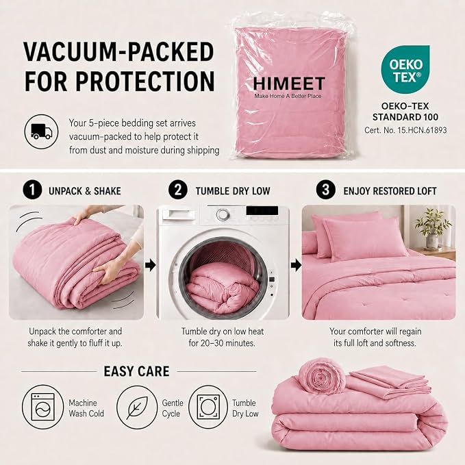 HIMEET Twin XL Comforter Set, 5-Piece Point-Quilted Bed in a Bag, Pink | OEKO-TEX Certified, Lightweight 240 GSM Comforter, Flat Sheet, 14-Inch Deep-Pocket Fitted Sheet, Pillowcase & Sham