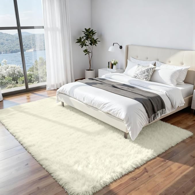 8x10 Fluffy Shag Area Rugs for Living Room Bedroom: Soft Carpet Cream White | Upgraded Non-Slip Thick Memory Foam, Ultra Soft, Non-Shedding Fuzzy Carpet, Easy Clean Decor for Kids Room, Nursery, Playroom