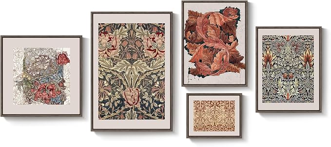 Large Framed William Morris Vintage Wall Art for Living Room, 5 Piece | Fine art, Canvas, Colorful, Botanical, Floral, Aesthetic, Easy to hang, Waterproof, Bedroom/Office/Hallway/Wall decor