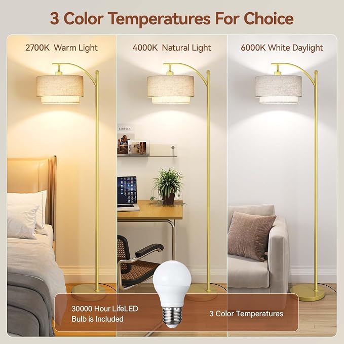 SUNMORY Floor Lamps for Living Room with 12W LED Bulb, Arc Lamp with 3 CCT | Modern Floor Lamps with Adjustable Double Fabric Shades, Industrial Arched Lamp, Tall Standing Lamp for Bedroom, Corner