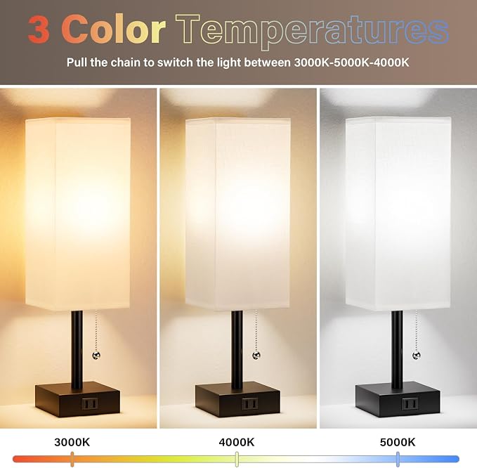 White Bedside Lamps for Bedroom Set of 2 - Small Rectangular Nightstand Lamp with AC Outlet Charging Port, 3 Color Temperatures Desk Light with Bulb, Tabletop Reading Lamp for Living Room/Dorm/Office | AC Outlet, 3 Color Temperatures, LED Bulb Included...