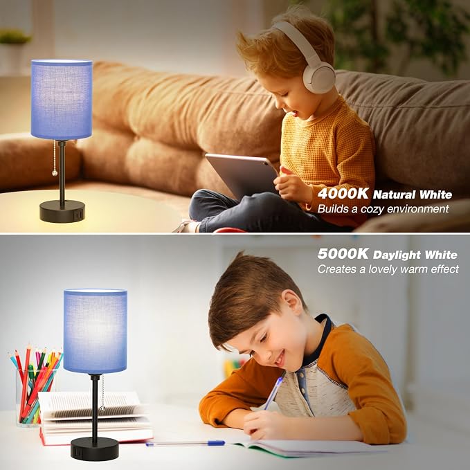 Small Bedside Table Lamp for Bedroom - Desk Lamp with USB Ports for Dorm | USB A+C Ports, AC Outlet, 3 Color Temperatures, LED Bulb Included, Navy Blue Shade, Matte Black Base, 14" Night Stand Lamp