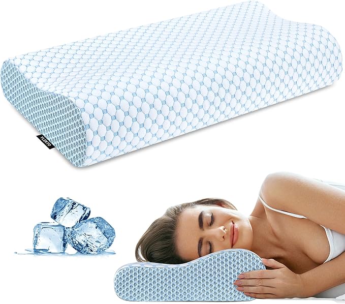Cervical Pillow for Neck Pain Relief, Contour Memory Foam Pillows for Sleeping, Ergonomic Pillow Cooling Pillow Bed Pillow Neck Support for Side Back Stomach Sleepers (Blue, Queen Size)