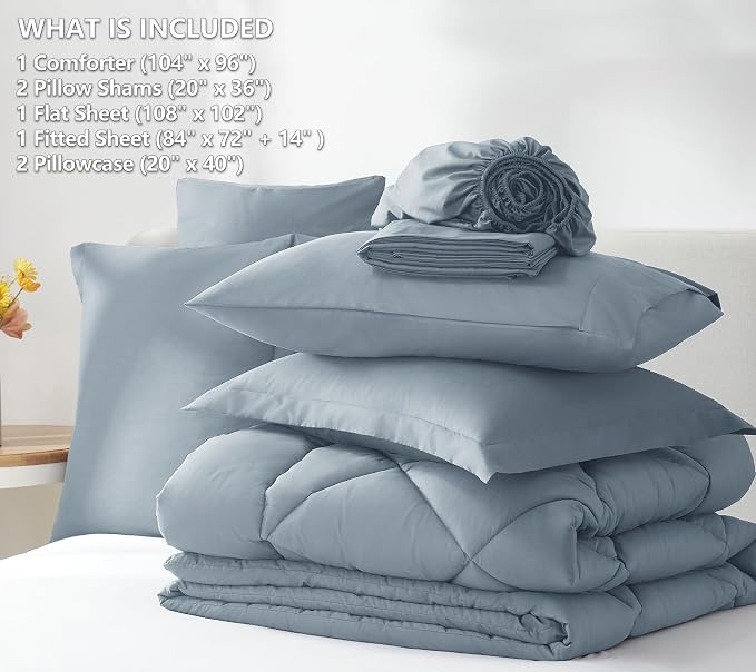 California King Comforter Set Dusty Blue - 7 Pieces Bed in a Bag | OEKO-TEX Certified, All Season, 240GSM Down-Alternative Comforter, Sheets, Pillowcases & Shams, 14" Deep Pocket, Easy Care