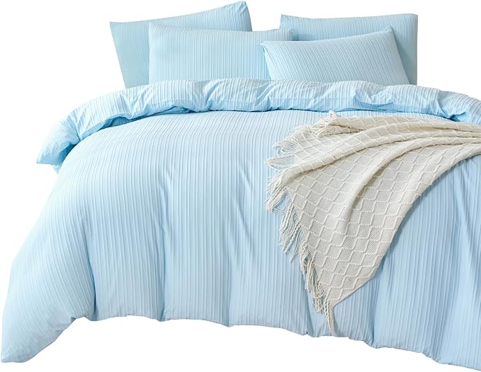Light Blue Striped Comforter Set Queen Soft Luxury Washed Microfiber Jacquard 3 Pieces Bedding, Blue Vertical Ticking Stripes Comforter with 2 Pillowcases Breathable Durable Comfy