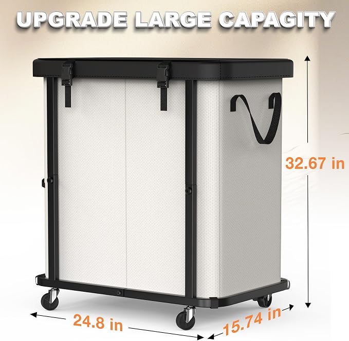 Laundry Basket with Wheels,190L (50 Gal) Laundry Hamper 2 Setion - Beige | Leather Patchwork,Sturdy Metal Frame, Removable Washable Bag, Tall Clothes Sorter for Bedroom, Laundry Room