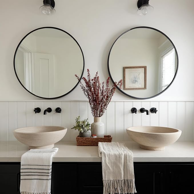 Black Round Mirror 26 inch, 2 Pack Wall Mirror, Matte Metal Frame | High Definition Mirror, Rust-resistant, Suitable for Bedroom, Entryway, Living Room, Hallway, Wall Décor